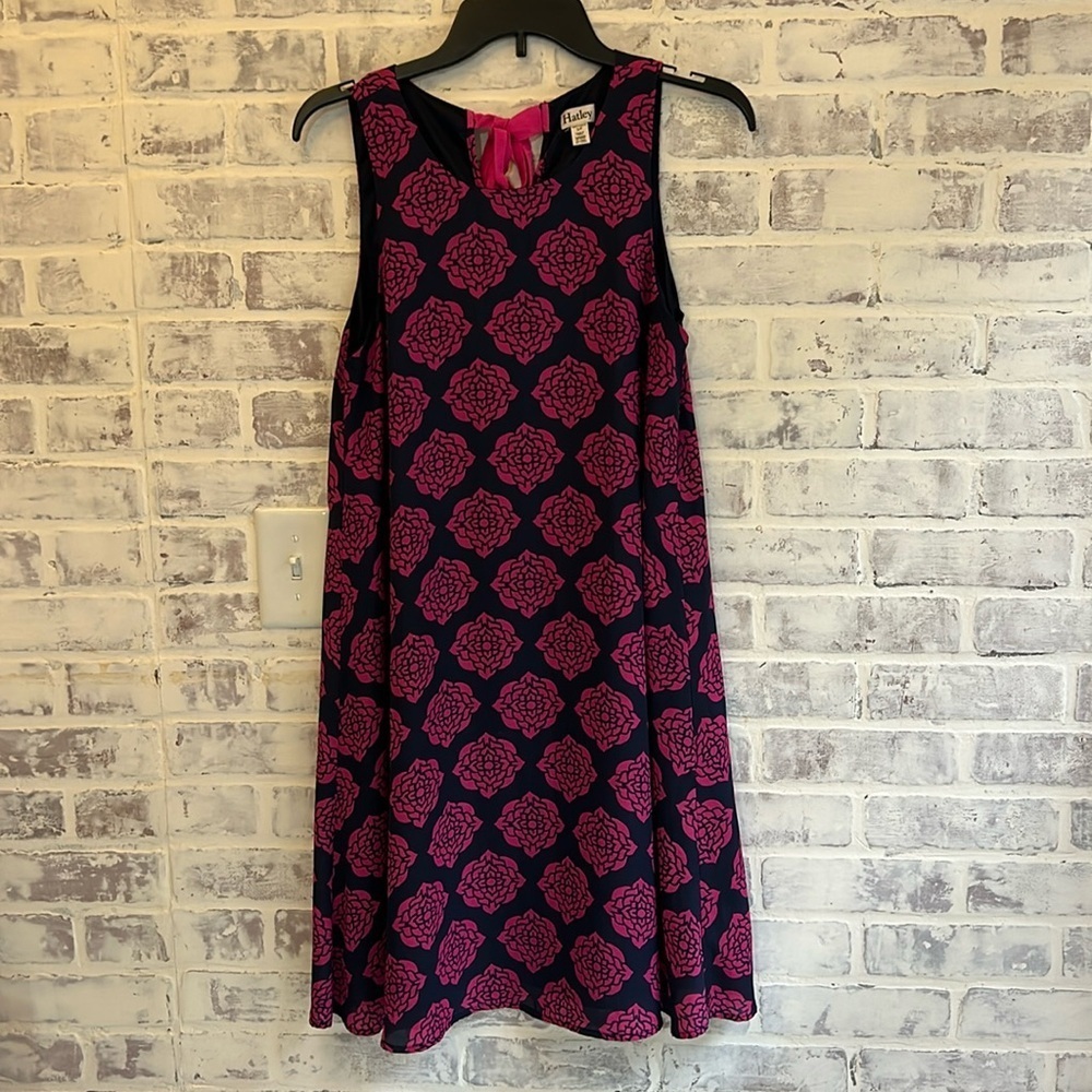 Anthropologie Hatley Women's Small Fuchsia Navy Blue Floral Trapeze Dress Flowy